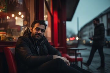 Portrait of a handsome bearded man sitting in a coffee shop on the street.