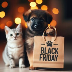 Pug puppy hugs kitten and holds shopping bag with black friday text. isolated on white background