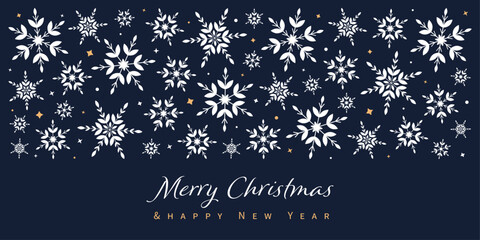 Blue christmas banner with white snowflakes. Merry Christmas and happy New Year. - obrazy, fototapety, plakaty