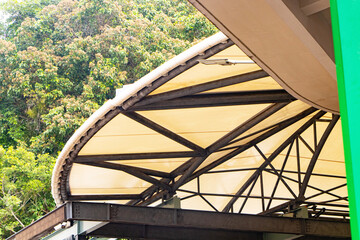 Structure Roof Dome construction, canvas and metal sheet for event. White, brown canvas roof semi...