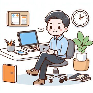 Young businessman working with computer in office in cartoon style.