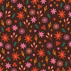 Fototapeta na wymiar Christmas seamless pattern with flowers, berries, snowflakes, stars. Vector illustration