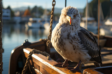 A photograph of a gull perched on a boat's railing, its keen gaze focused on the activities of the harbor. 