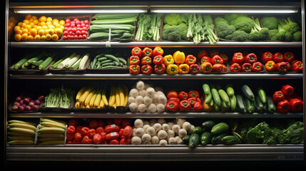 Fototapeta na wymiar スーパーマーケットの冷蔵棚の野菜と果物GenerativeAI