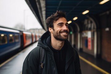 Portrait of a handsome young man on the platform of a train station - obrazy, fototapety, plakaty