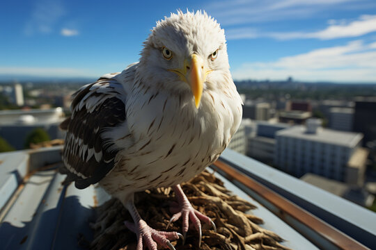 An image of a gull perched on a city rooftop, showcasing its adaptability to urban environments and its observant nature.  