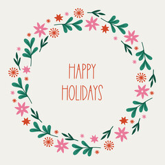 Christmas greeting card with flowers, leaves, stars and snowflakes