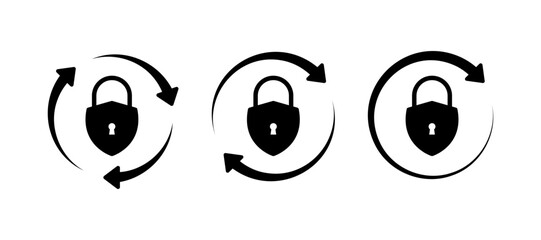 Lock icons with arrow in a circle. Silhouette, black, key lock, arrows in a circle, update protection. Vector icons