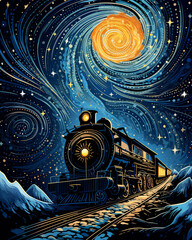 Colorful fairytale train in a winter forest at night