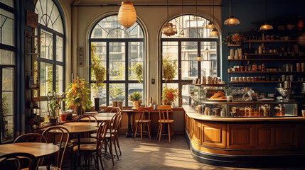 Corner Coffee Shop, Nestled within a Charming Vintage Building, Offering Comfort and Warmth with its Cozy Interior, Inviting Tables and Chairs Amidst the Fragrant Essence of Freshly Brewed Coffee - Powered by Adobe