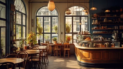 Tuinposter Corner Coffee Shop, Nestled within a Charming Vintage Building, Offering Comfort and Warmth with its Cozy Interior, Inviting Tables and Chairs Amidst the Fragrant Essence of Freshly Brewed Coffee © Magenta Dream