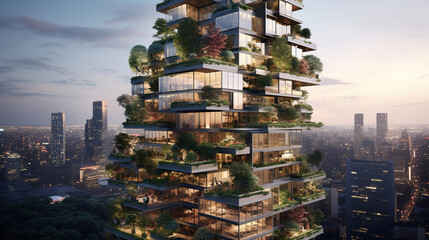 Sustainable Green Building With Cutting-Edge Eco Features And Invigorating Modern Design For A Lively And Environmentally Friendly Tomorrow - obrazy, fototapety, plakaty