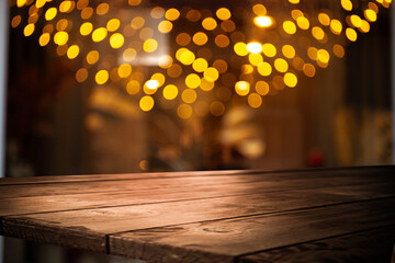 Empty dark wooden table in front of restaurant abstract blurred bokeh background. Can be used to display or mount your products. Mockup for empty space