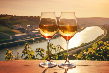 romantic summer evening with a glasses of wine, surrounded by the lush vineyards of the river...