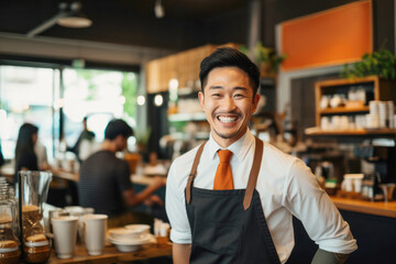 Cheerful asian male employee, wearing an apron, stands behind the counter of the cafe.