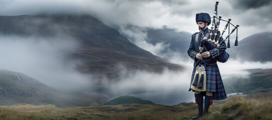 A man in traditional Scottish attire, including a kilt, plays the bagpipes by the misty lakeside in summer.