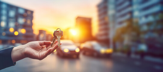 A hand holding a car key, symbolizing the connection between housing and vehicle ownership, and the financial aspect of real estate. - obrazy, fototapety, plakaty