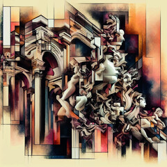 Fuses the fragmented and abstract forms of Cubism with the ornate, dramatic grandeur of Baroque architecture