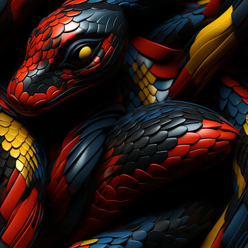 A coral snake showcasing its vivid red, black, and yellow bands in a mesmerizing arrangement. 