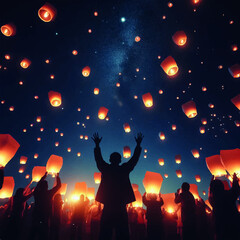 Fototapeta na wymiar People releasing lanterns into the night sky on New Year's Eve, symbolizing their hopes and dreams