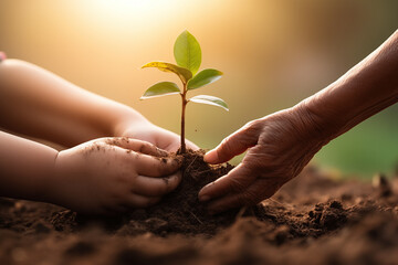 Human hands put a tree into the soil for World Environment Day concept - obrazy, fototapety, plakaty