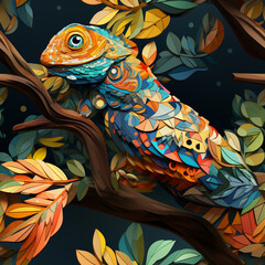 A chameleon perched on a branch, its body adorned with a combination of geometric shapes and colors. Pattern for tiles. 