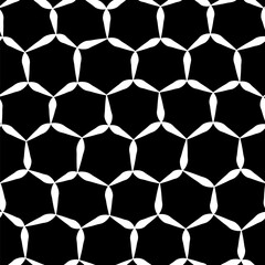 A bold black and white seamless pattern featuring a honeycomb motif in a mesh-like design on black background