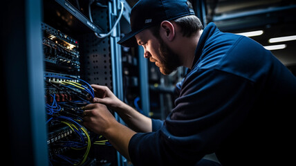 Fototapeta na wymiar IT Technician at Work: Checking Data Server in Modern Network Environment.