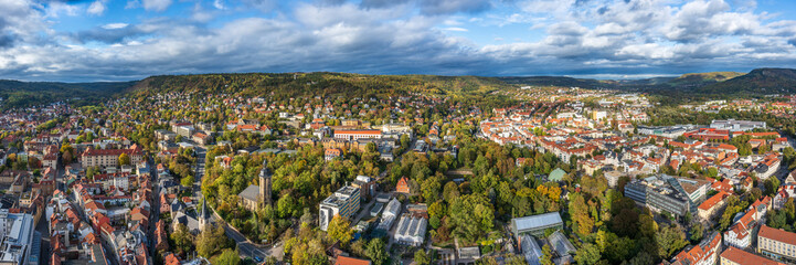 Fototapeta na wymiar Panorama of Jena in Thuringia on an autumnal October day, view from the JenTower