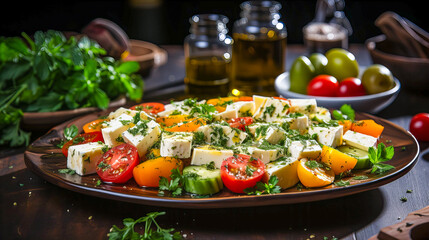 Greek salad with feta cheese, cherry tomatoes, cucumber and herbs on a plate. Healthy food concept. Generative AI technology.