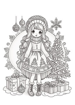 New Year card, coloring page with a picture of a cute girl in winter clothes and with gifts. 