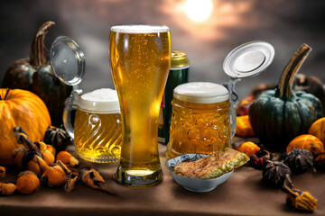 Beer in a beer glass and beer mugs stands on the table against a background of pumpkins. Halloween...
