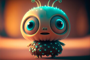 AI generated illustration of a cute bee toy in a dress with huge neon eyes