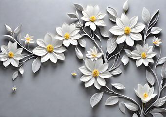 Composition of white flowers cut from paper on a gray background. Paper cut style. Generative AI