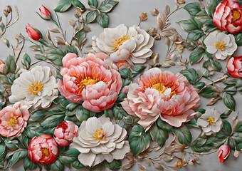 Delicate pink and white peonies on a gray background wallpaper. Closeup of peonies on gray background. Generative AI