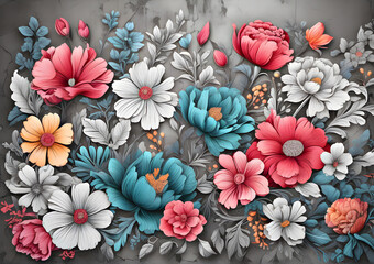 Coloriful floral watercolor illustration  on grey concrete background. Beautiful delicate flowers, luxurious floral elements, botanical background or wallpaper design, prints and invitations.