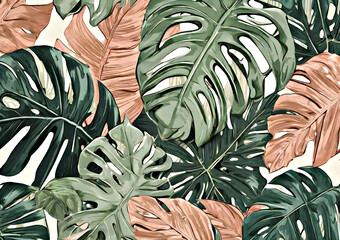 Watercolor golden and green and pink tropical leaves. Delicate gold and green tropical leaves close up. Generative AI