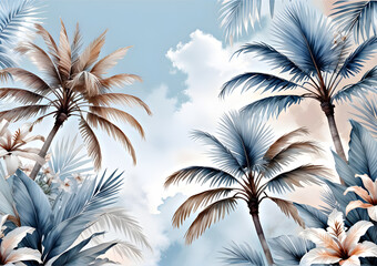 Watercolor illustration of a palm tree against a blue sky. Palm trees with clouds wallpaper. Generative AI