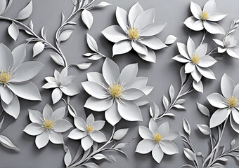 White flowers paper cut on a gray background.  Generative AI