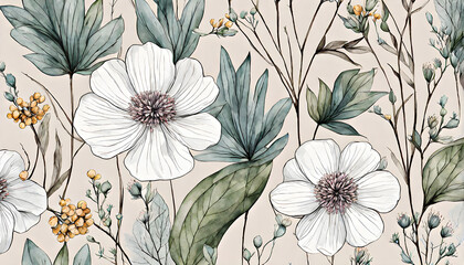 Watercolor illustration of white flowers close-up on a light beige background. Watercolor illustration, botanical background or wallpaper design, prints and invitations, postcards. Generative AI.