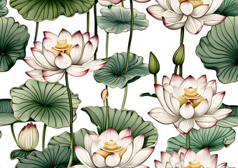 White lotus flowers on green leaves. Floral pattern lotus flowers with green leaves on a white background. Generative AI