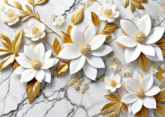 White flowers with gold leaves on a background of black and white marble. 3D White flowers on a black and white marble background. Generative AI
