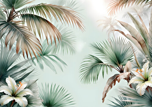 Watercolor illustration of a palm tree against a green sky background. Palm trees with clouds wallpaper. Generative AI