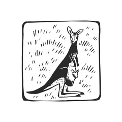Vector illustration of a kangaroo with a baby in a pouch. Hand-drawn sketch in a frame with a marsupial Australian animal.