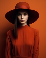 Model in an orange dress with a hat in vintage style