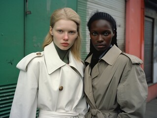 Two young women on the street in a raincoat in street photography style