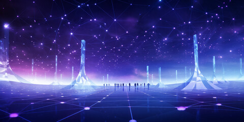 Silhouette of a group of people against the backdrop of the night sky and the network. 3D render