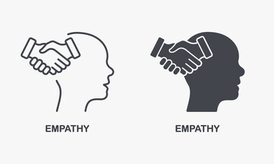 Empathy and Compassion Silhouette and Line Icon Set. Human Head and Agreement Handshake Pictogram. Solidarity, Emotional Solace Symbol Collection. Isolated Vector Illustration - Powered by Adobe