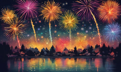 fireworks over the river in the countryside - obrazy, fototapety, plakaty