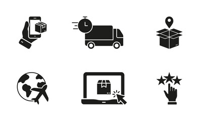 Logistic and Shipping Silhouette Icon Set. Online Purchase, Delivery Service Glyph Pictogram. Shipment Truck Solid Sign. Global Air Transportation Symbol Collection. Isolated Vector Illustration
